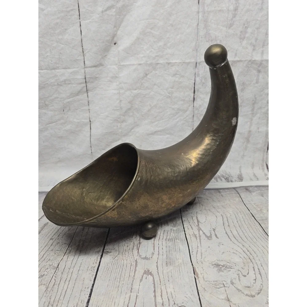 MCM Vintage Solid Brass Horn Of Plenty Vessel/Vase Ball Feet Cornucopia